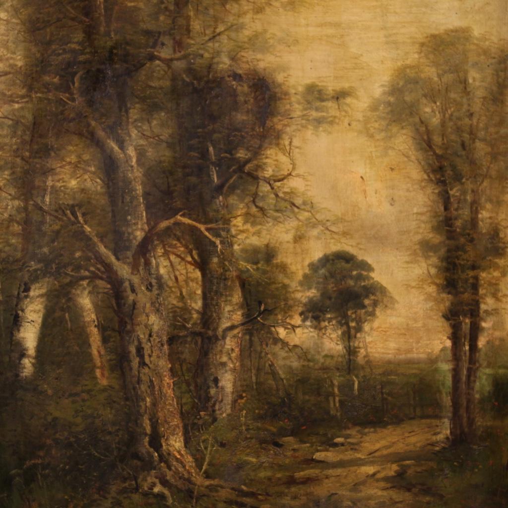 Óleo sobre lienzo del siglo XIX Pintura francesa de paisaje firmada como antigua, 1870 Francés