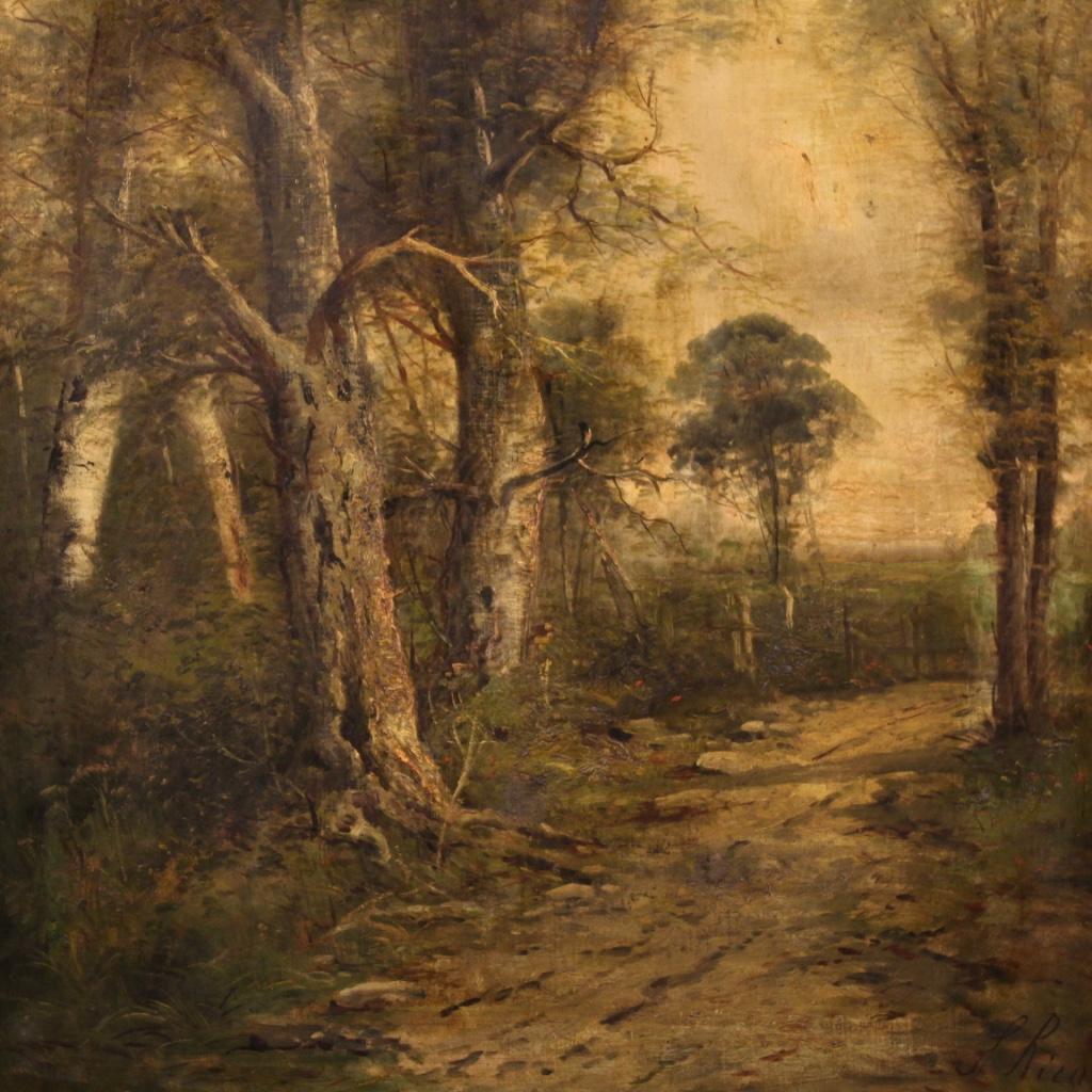 Óleo sobre lienzo del siglo XIX Pintura francesa de paisaje firmada como antigua, 1870 Lienzo