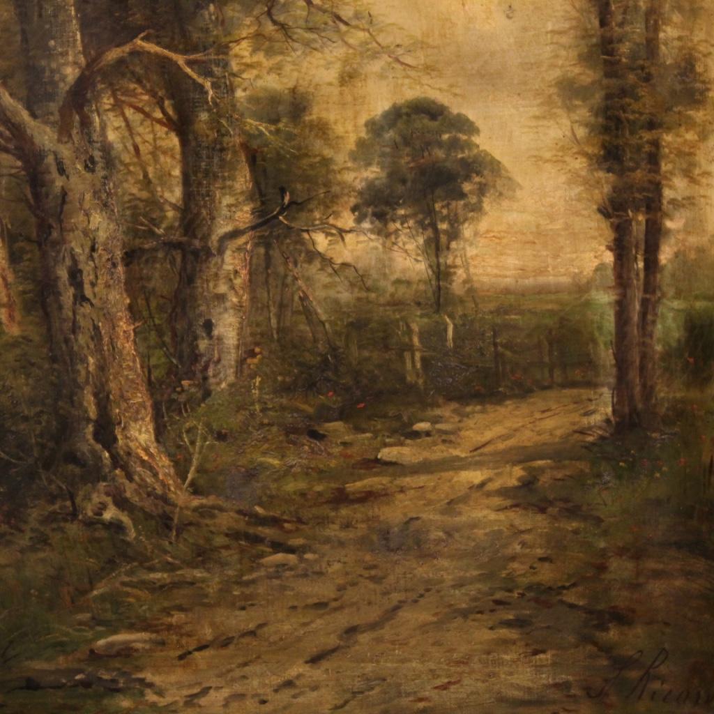 Óleo sobre lienzo del siglo XIX Pintura francesa de paisaje firmada como antigua, 1870 1