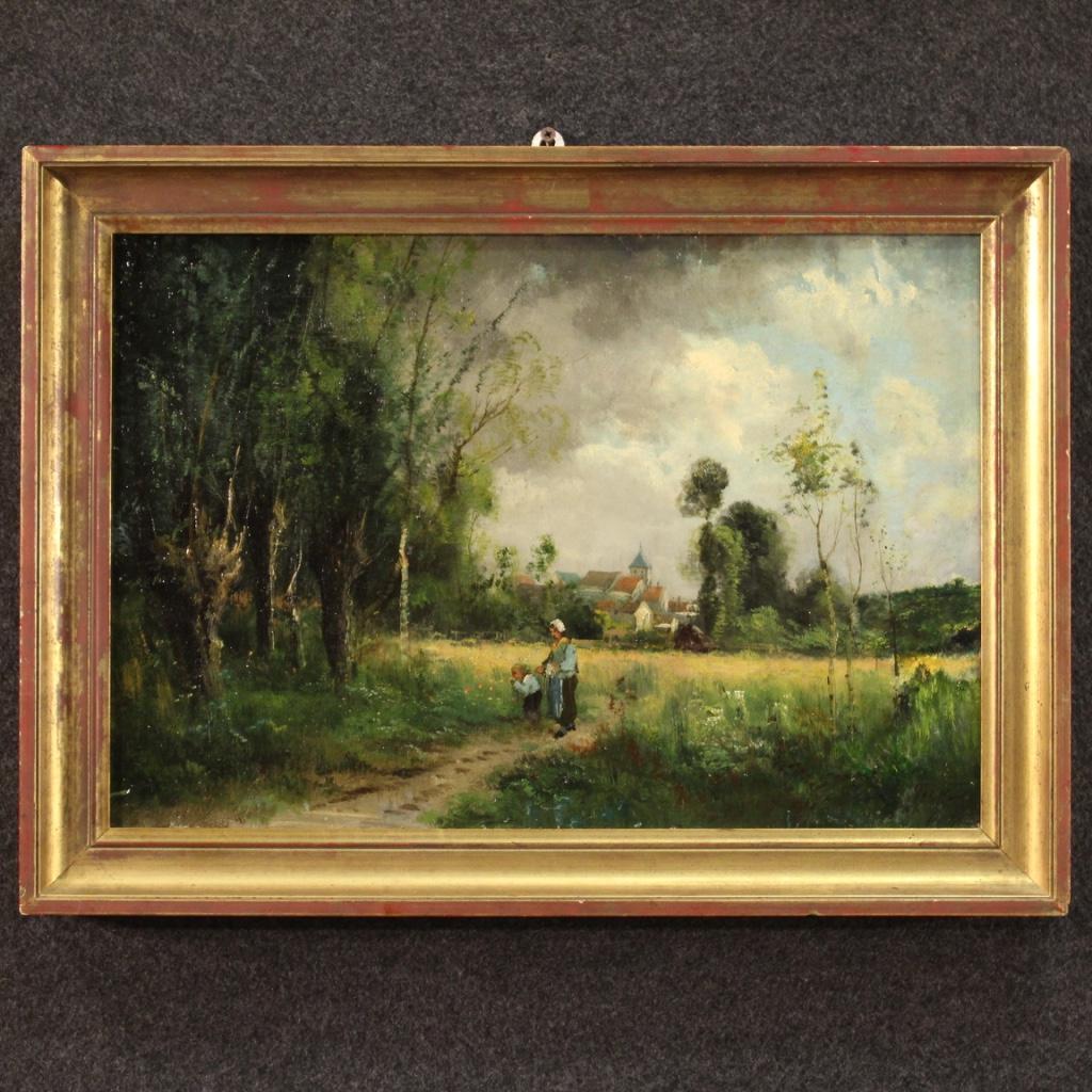 French painting from the late 19th century. Framework oil on canvas depicting a countryside landscape with characters in impressionist style. Beautifully sized and pleasantly furnished framework with a modern carved and gilded wooden frame. Painting