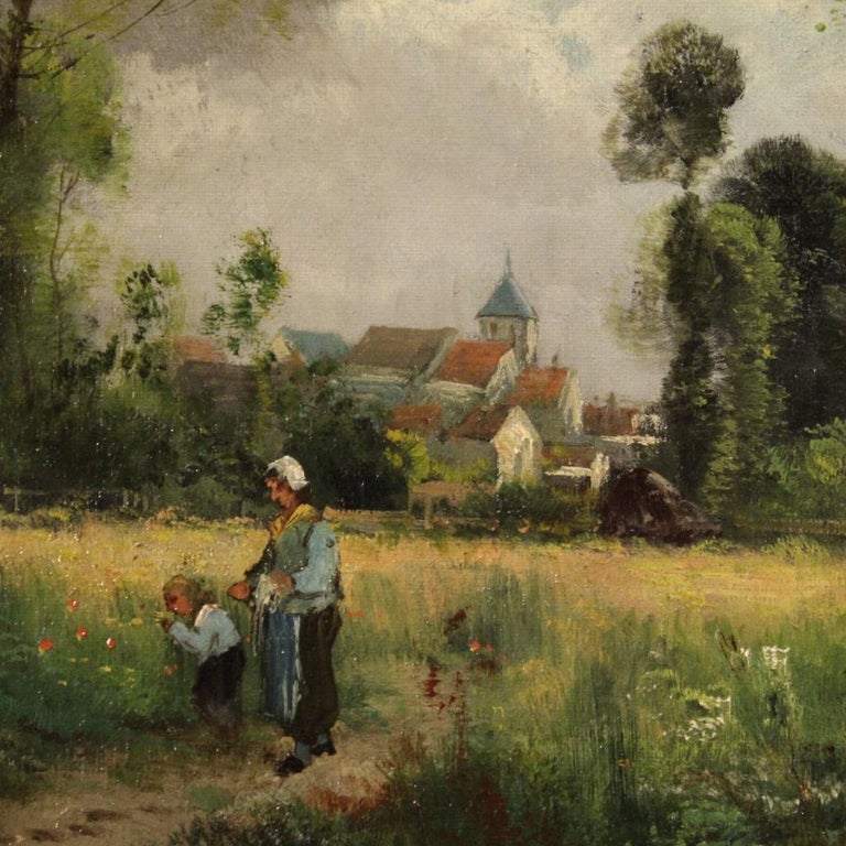 19th Century Oil on Canvas French Antique Signed Landscape Painting, 1890 For Sale 2