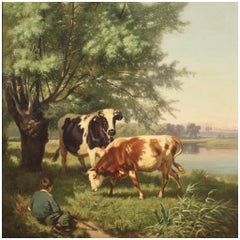 19ème Siècle Huile sur Toile Tableau Français Antique Signé Scène Bucolique:: 1871