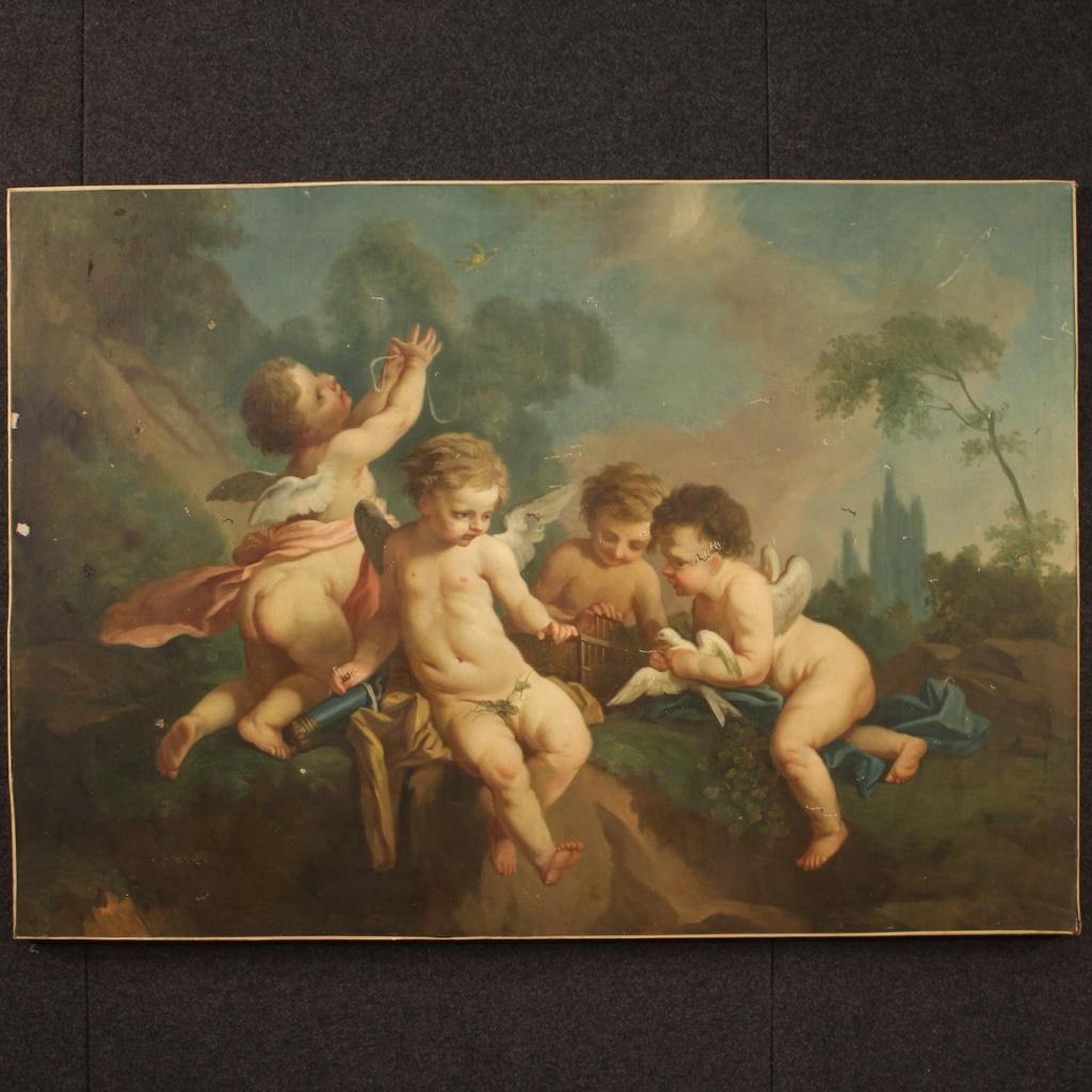 19th Century Oil on Canvas French Cherubs Game Painting, 1870 4