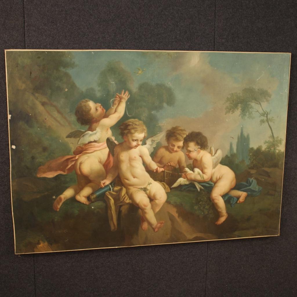 Antique French painting from the late 19th century. Framework oil on canvas depicting a game of cherubs of excellent pictorial quality. Painting of beautiful size and brightness richly decorated with numerous details. Fabulous framework for antique