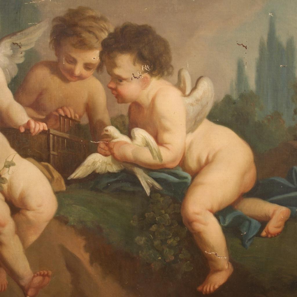 19th Century Oil on Canvas French Cherubs Game Painting, 1870 In Fair Condition In Vicoforte, Piedmont