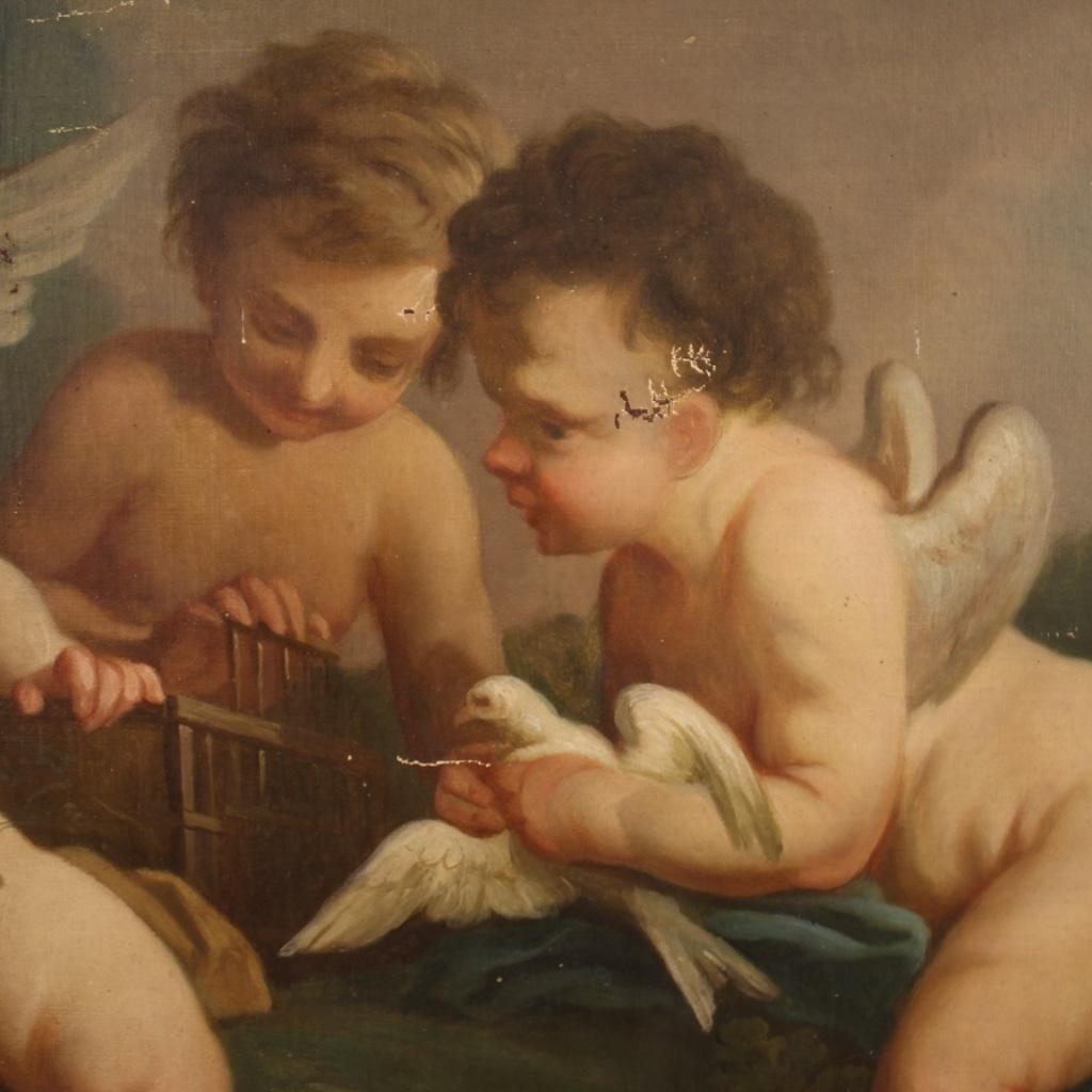 19th Century Oil on Canvas French Cherubs Game Painting, 1870 3