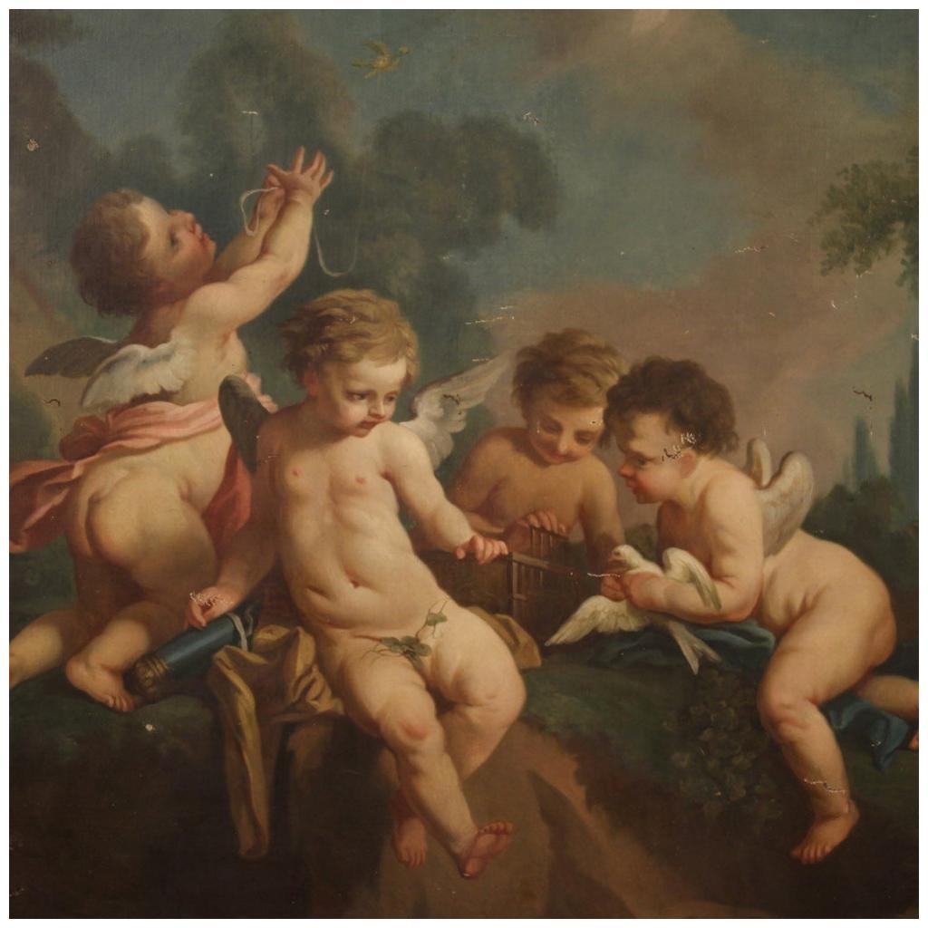 19th Century Oil on Canvas French Cherubs Game Painting, 1870