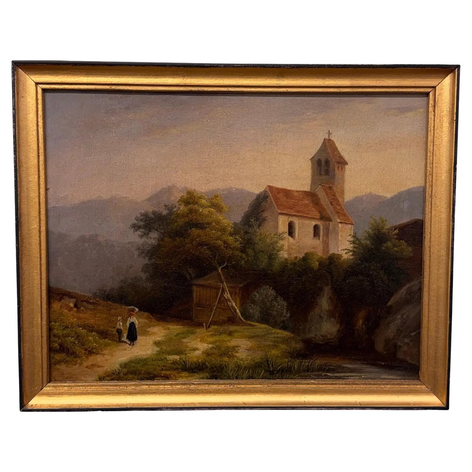 19th Century Oil on Canvas French Church