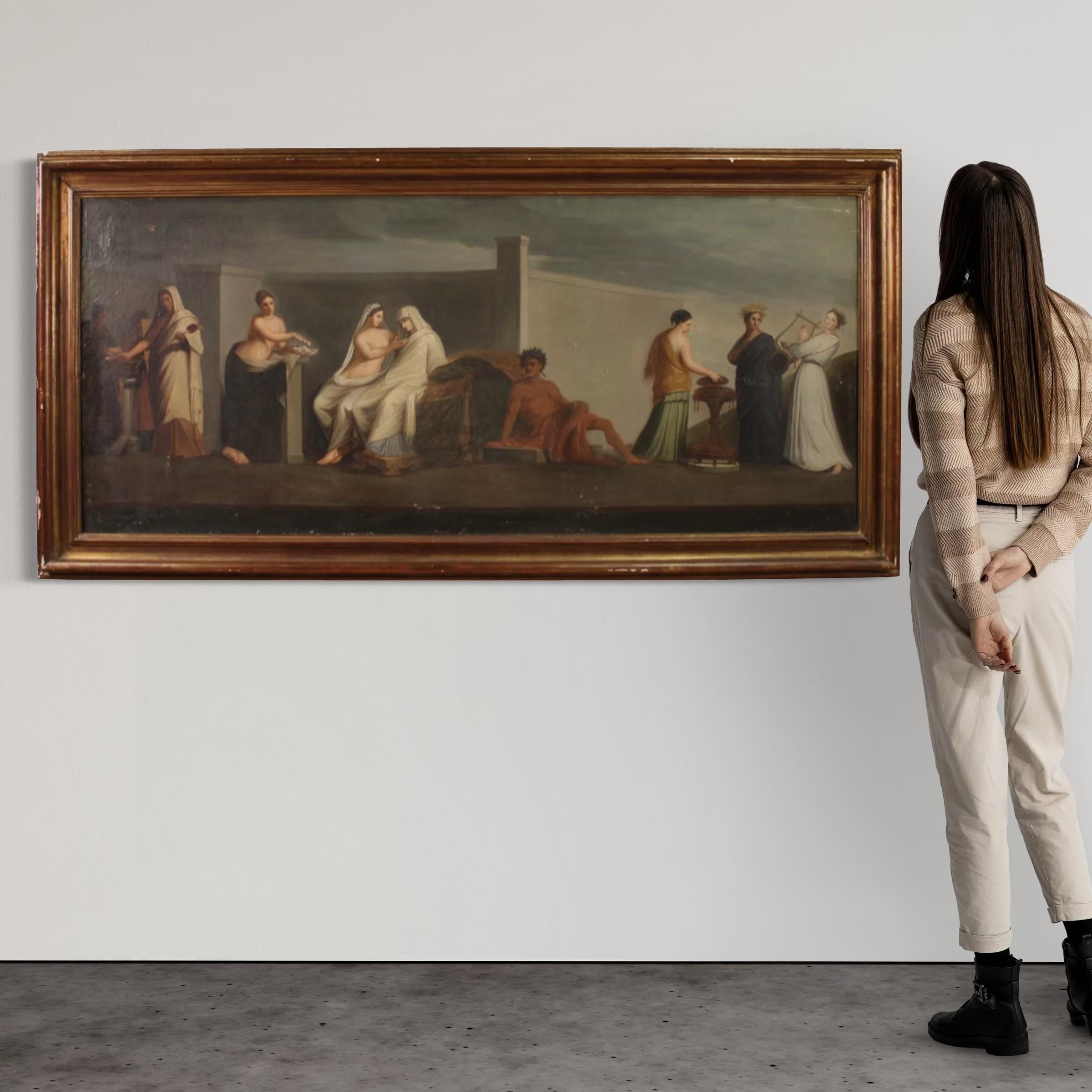 Dipinto francese antico della metà del XIX secolo. Olio su tela, finemente dipinto, quadro disposto orizzontalmente, di grande scala e impatto. Questo dipinto raffigura le Nozze Aldobrandini, un'antica copia del famoso affresco romano del I secolo