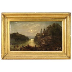 19th Century Oil on Canvas French Night Landscape Painting, 1870