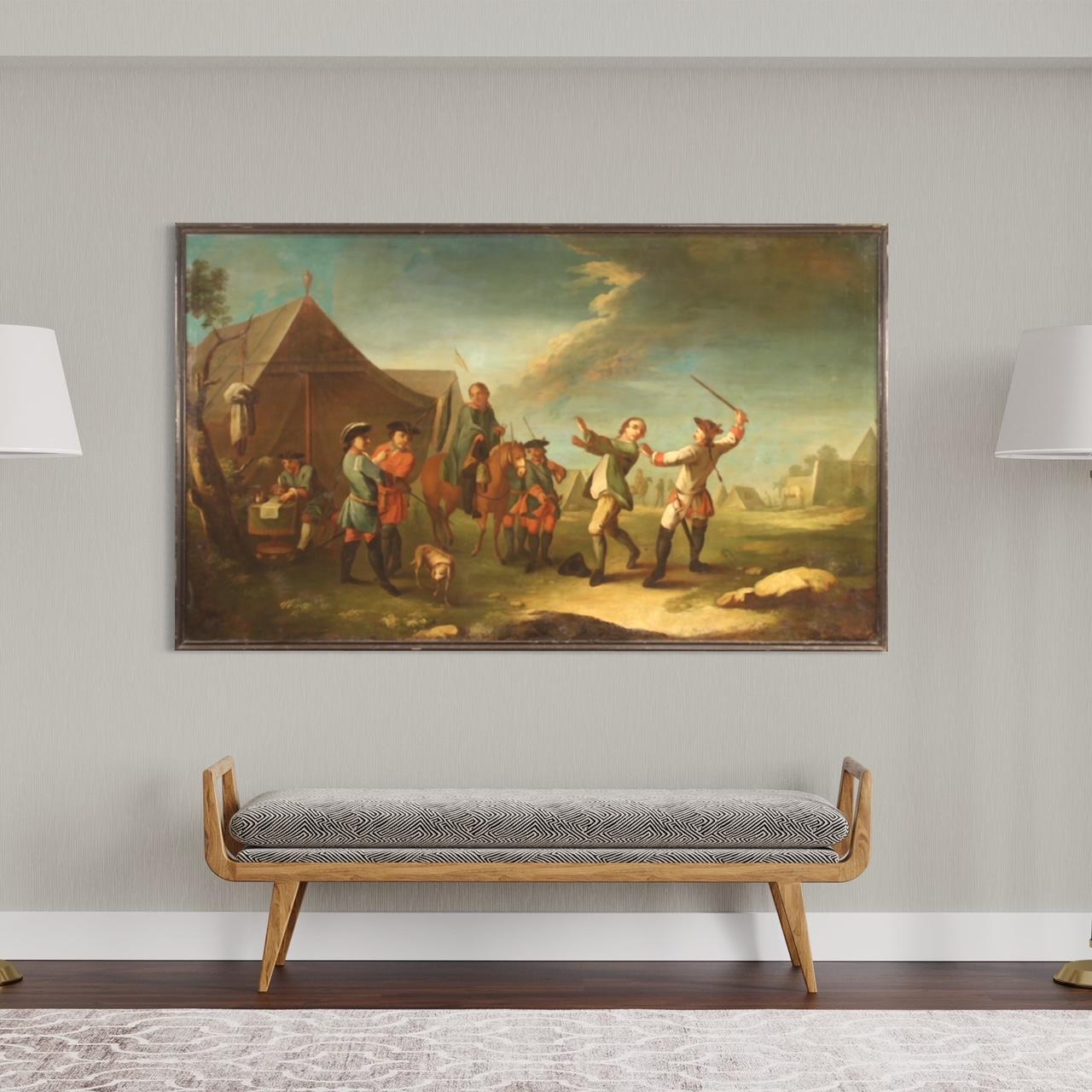Antique French painting from the 19th century. Artwork oil on canvas, on the first canvas, depicting a view of a camp with soldiers and horses of good pictorial quality. A painting that develops horizontally, of great measure and dynamism, full of