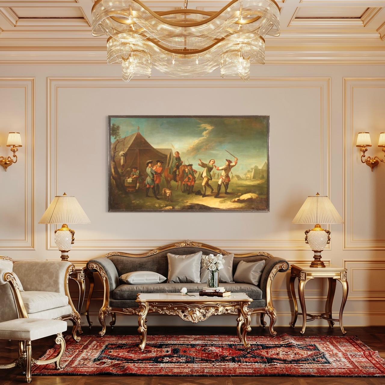 Antique French painting from the 19th century. Artwork oil on canvas, on the first canvas, depicting a view of a camp with soldiers and horses of good pictorial quality. A painting that develops horizontally, of great measure and dynamism, full of