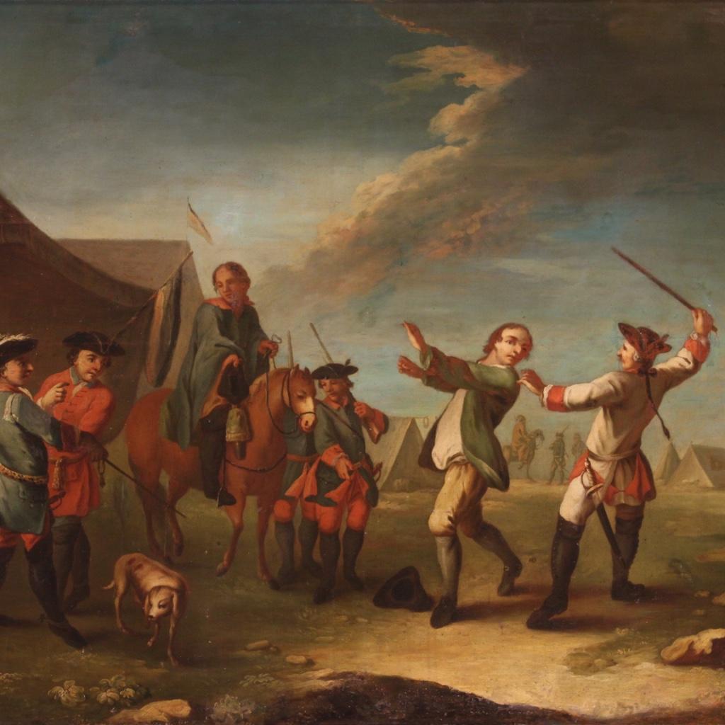 Toile 19th Century Oil on Canvas French Painting Camp with Soldiers and Horses, 1840 en vente