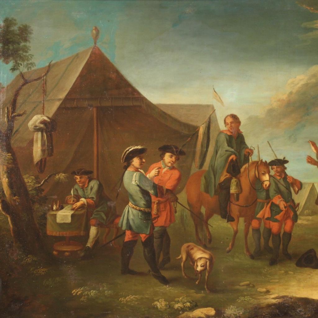19th Century Oil on Canvas French Painting Camp with Soldiers and Horses, 1840 For Sale 3