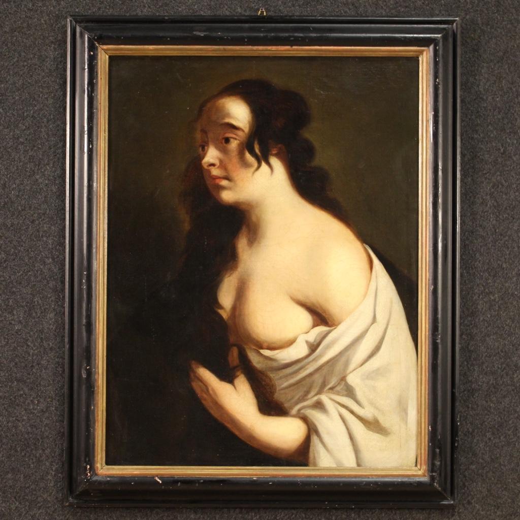 Antique French painting from the first half of the 19th century. Oil on canvas framework, glued on a wooden panel fixed to the frame, depicting a portrait of a young woman, with good pictorial quality. Beautiful female nude with an intriguing