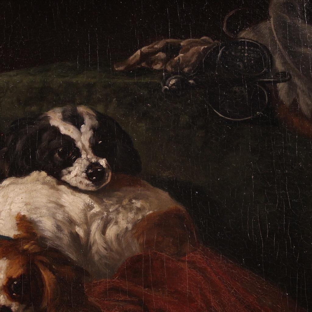siglo XIX Óleo sobre Lienzo Pintura Francesa Interior Con Perros Mascotas, 1840 en venta 5