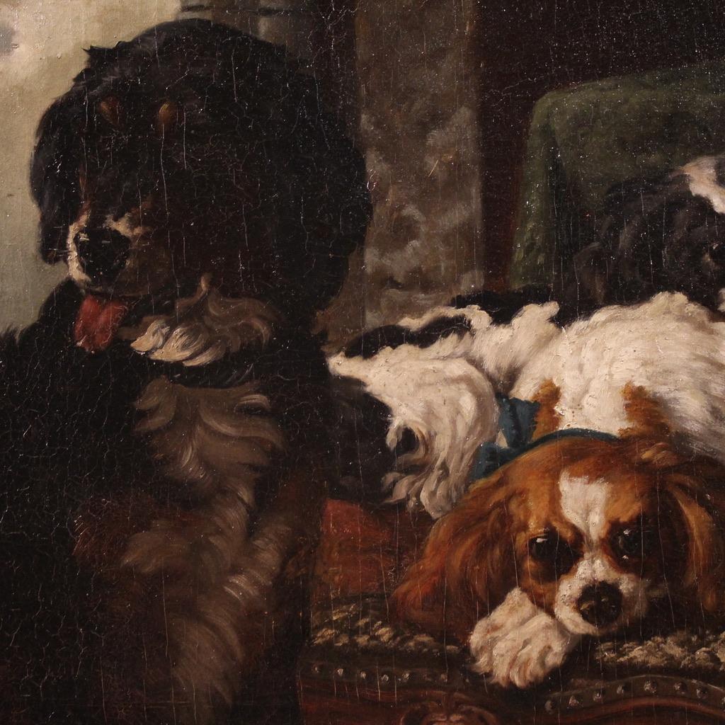 siglo XIX Óleo sobre Lienzo Pintura Francesa Interior Con Perros Mascotas, 1840 en venta 6