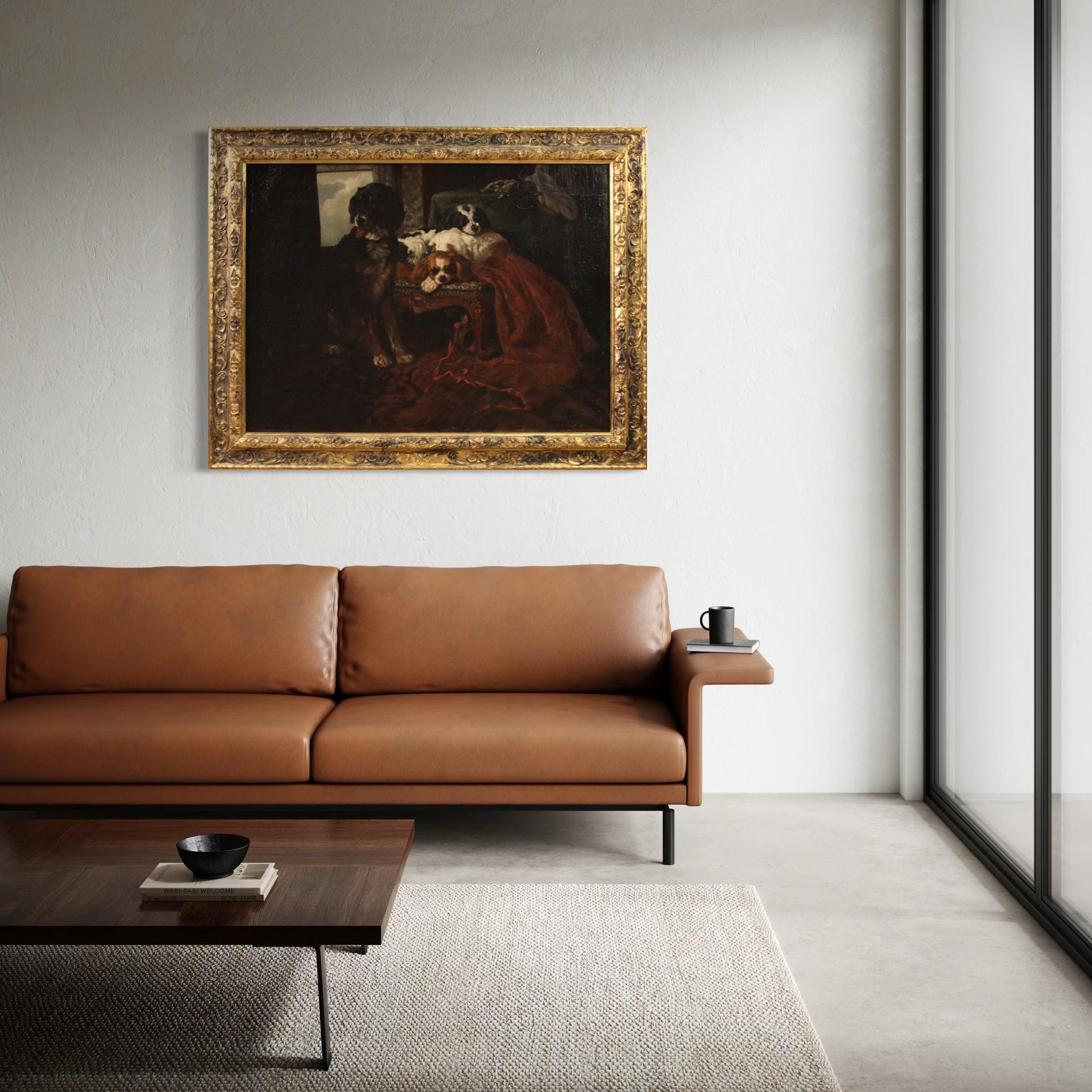 siglo XIX Óleo sobre Lienzo Pintura Francesa Interior Con Perros Mascotas, 1840 en venta 8