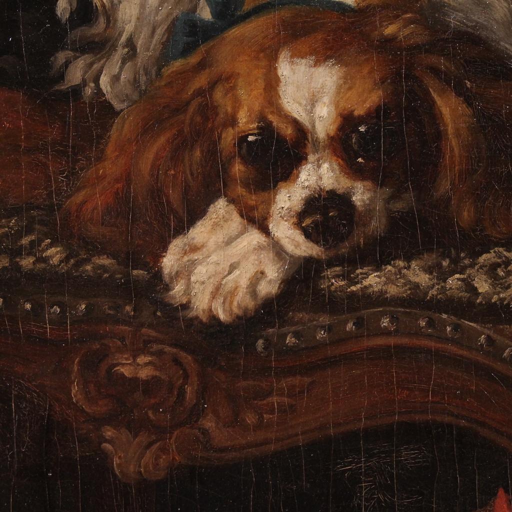 siglo XIX Óleo sobre Lienzo Pintura Francesa Interior Con Perros Mascotas, 1840 en venta 9