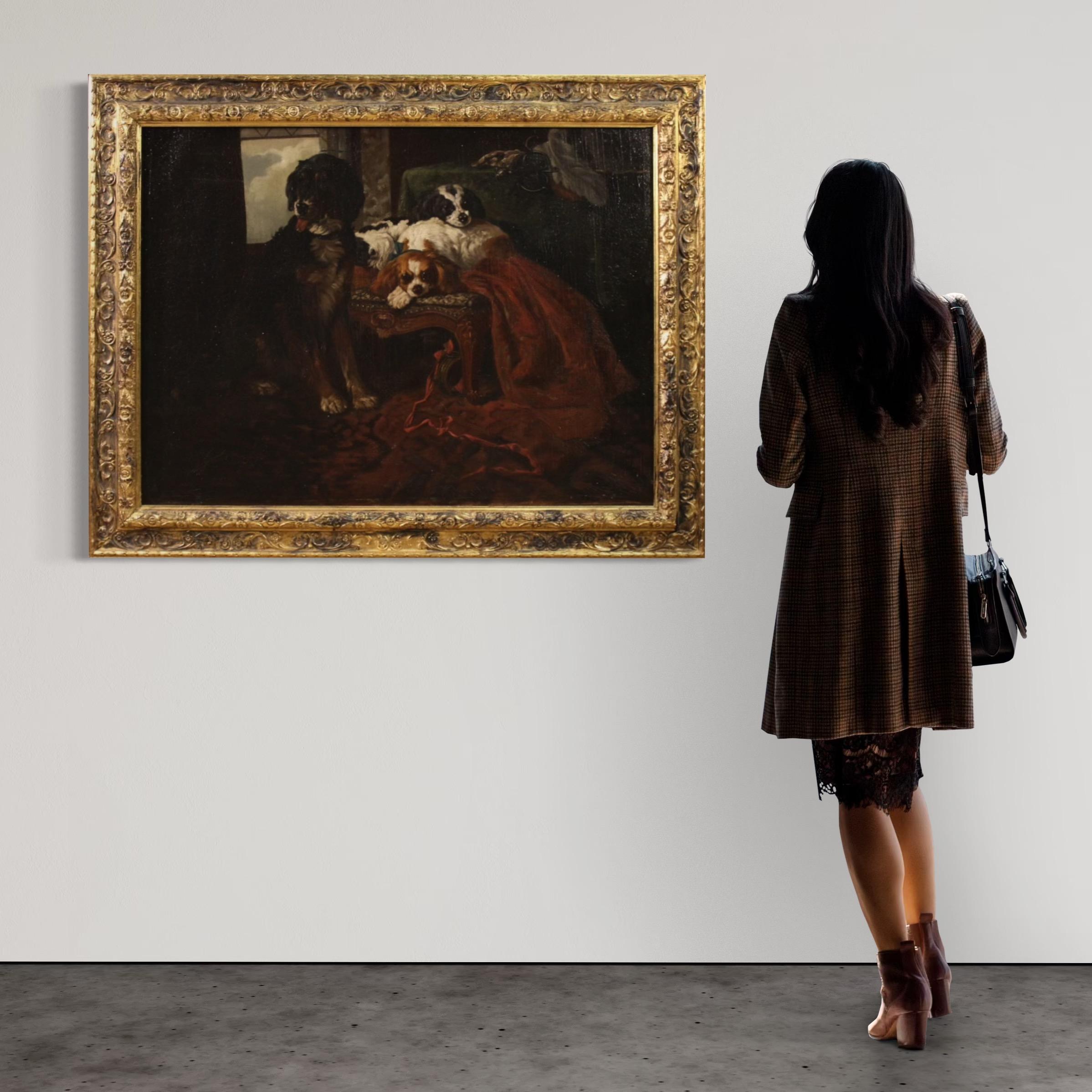 Elegante pintura francesa del siglo XIX. Óleo sobre lienzo, primer lienzo, pintura que representa un maravilloso interior aristocrático con perros de compañía. Pintura de gran calidad pictórica, en particular el pelaje de los perros y los reflejos