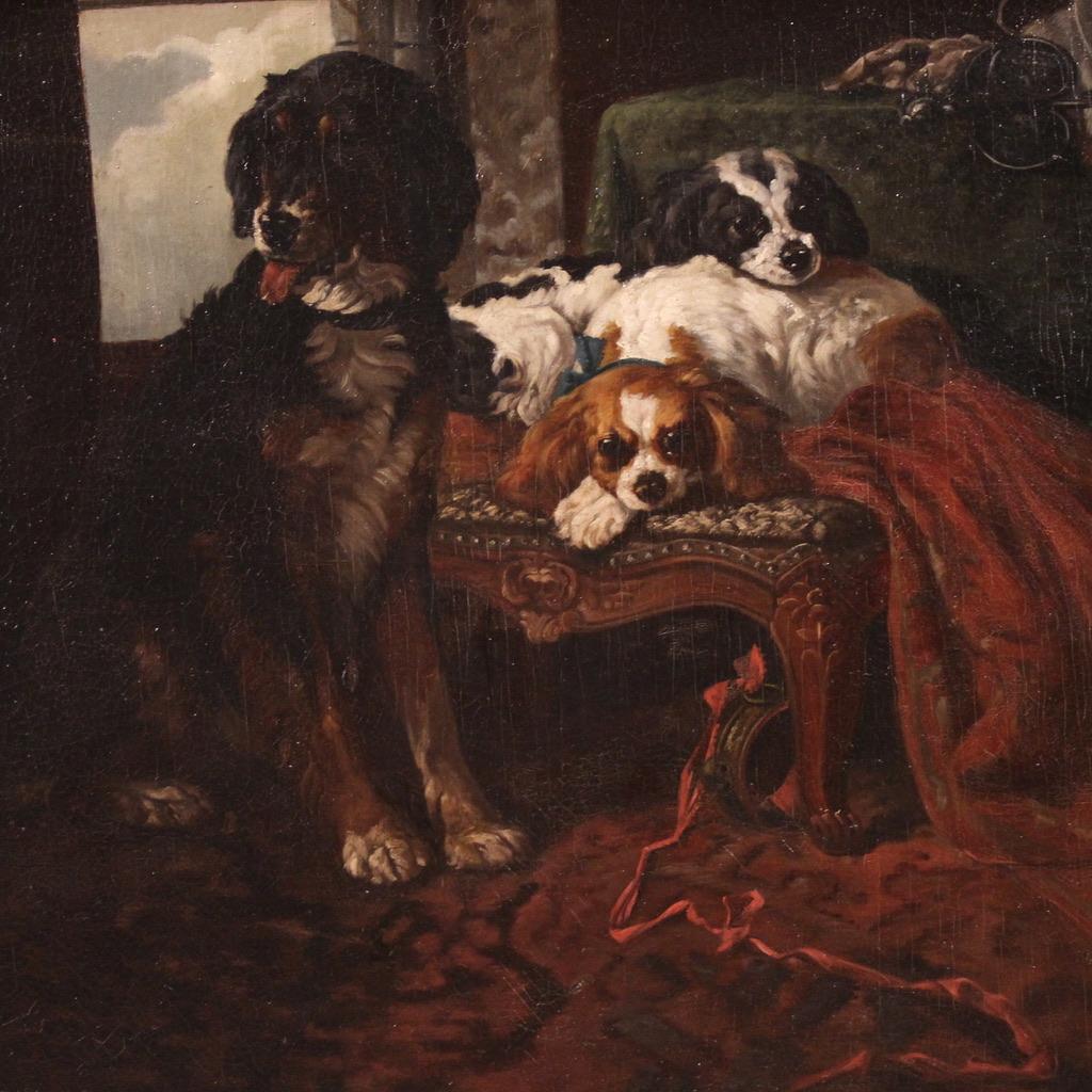 siglo XIX Óleo sobre Lienzo Pintura Francesa Interior Con Perros Mascotas, 1840 French en venta