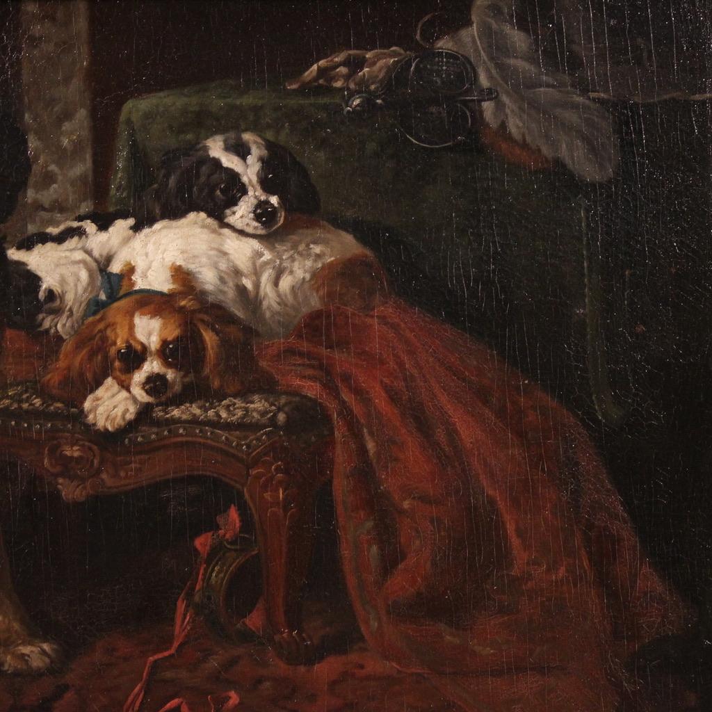 siglo XIX Óleo sobre Lienzo Pintura Francesa Interior Con Perros Mascotas, 1840 Aceitado en venta