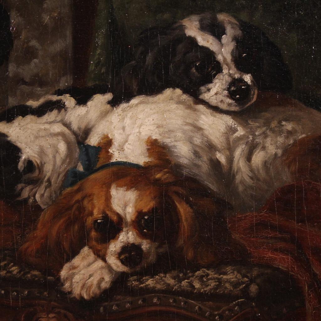 siglo XIX Óleo sobre Lienzo Pintura Francesa Interior Con Perros Mascotas, 1840 Mid-19th Century en venta