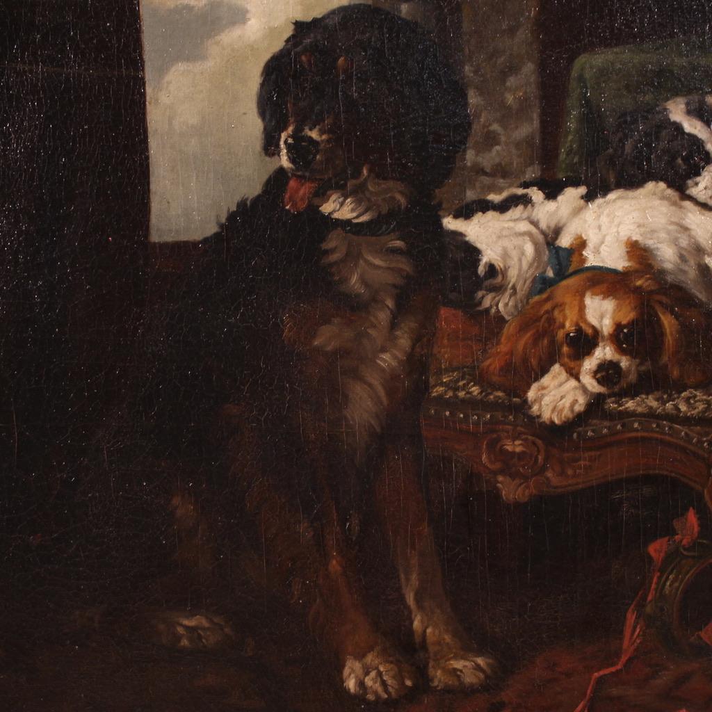 siglo XIX Óleo sobre Lienzo Pintura Francesa Interior Con Perros Mascotas, 1840 en venta 3