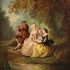 19th Century Oil on Canvas French Painting Romantic Concertino in the Park, 1850