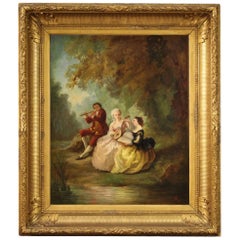 Antique 19th Century Oil on Canvas French Painting Romantic Concertino in the Park, 1850