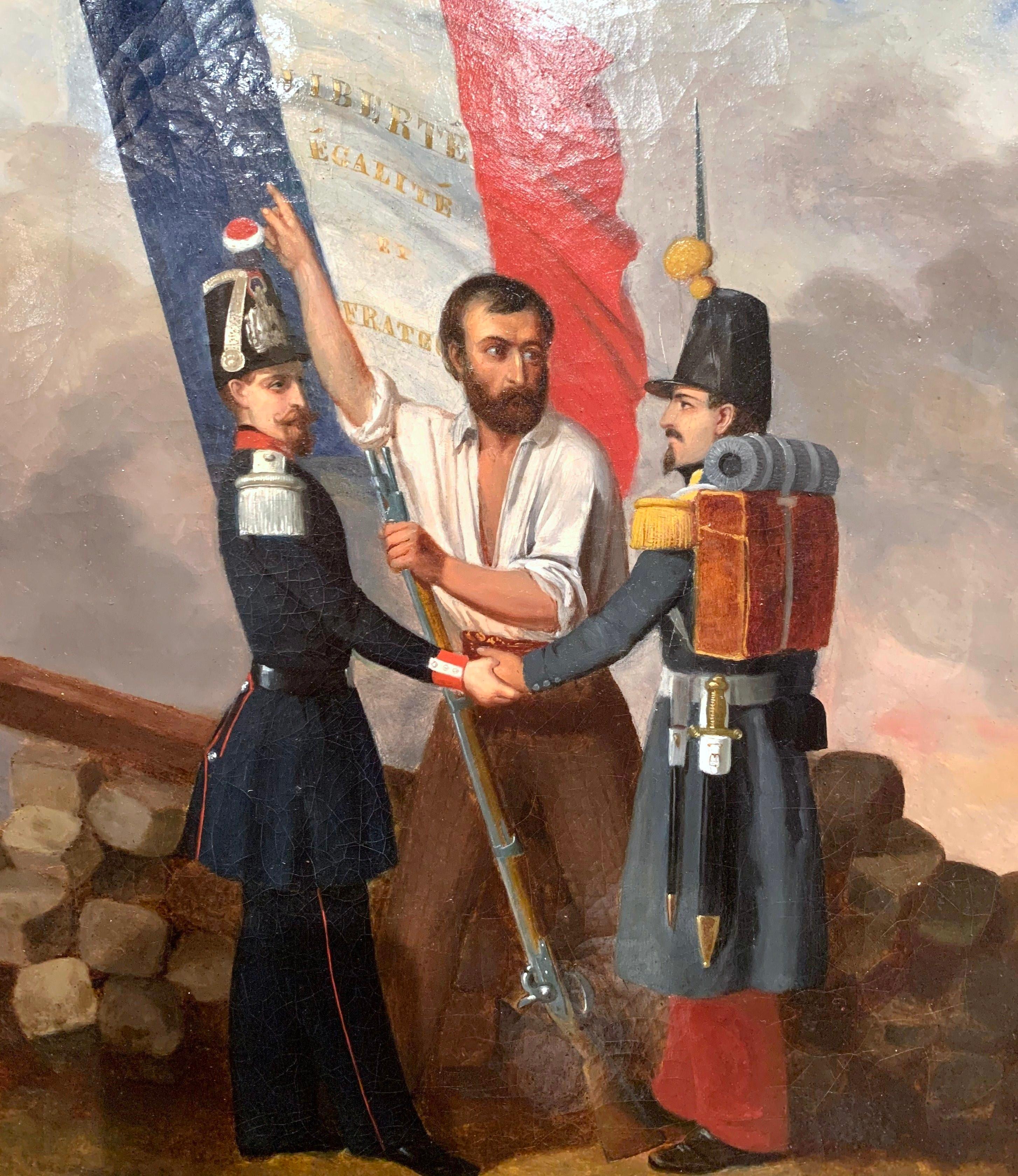 Placée dans son cadre d'origine en bois sculpté et doré, cette huile sur toile ancienne a été peinte en France, vers 1849. L'œuvre d'art représente deux soldats français en pleine discussion avec un homme portant le drapeau tricolore. L'homme
