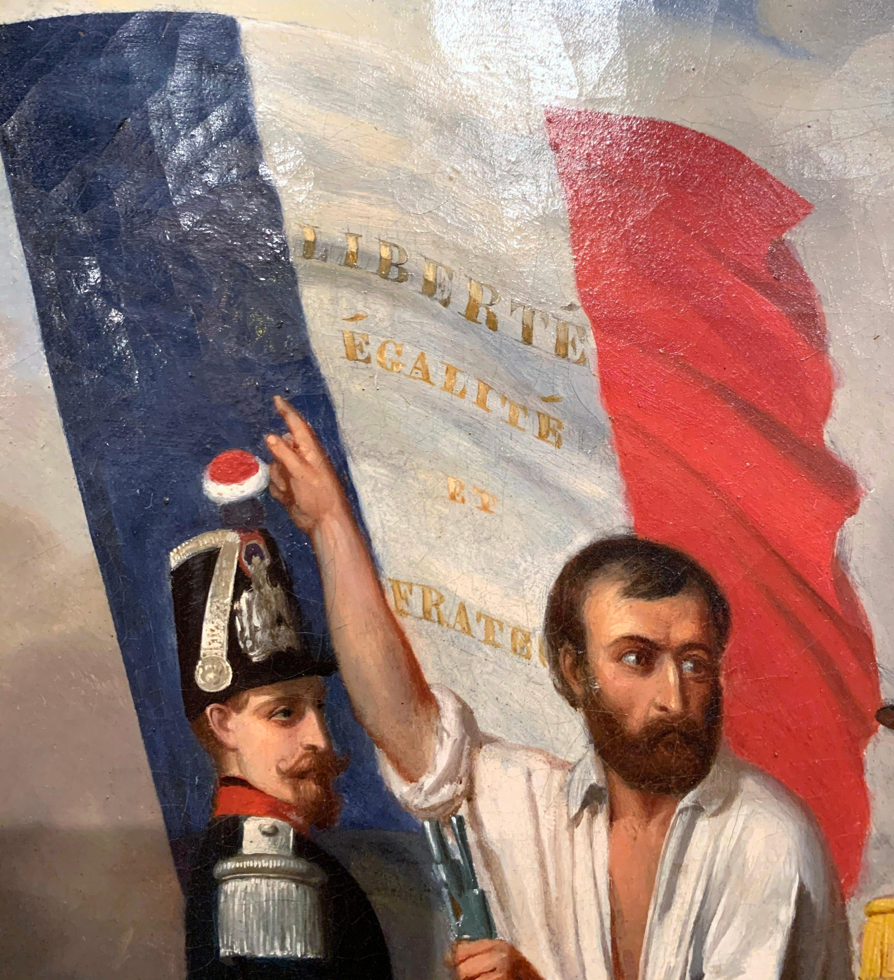 Hand-Carved 19th Century Oil on Canvas French Revolution Painting Signed and Dated 1849 For Sale