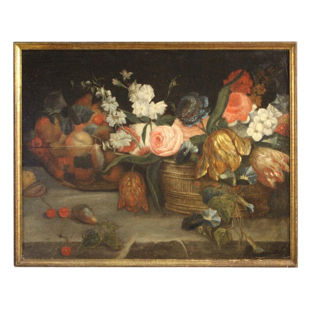 19th Century Oil on Canvas French Still Life Painting Fruit and Flowers, 1870