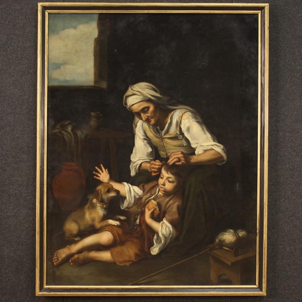 German painting from the late 19th century. Framework oil on canvas depicting a copy of the famous painting by Bartolomé Esteban Murillo, La toilette, interior scene with characters of excellent pictorial quality. Painting of great measure and