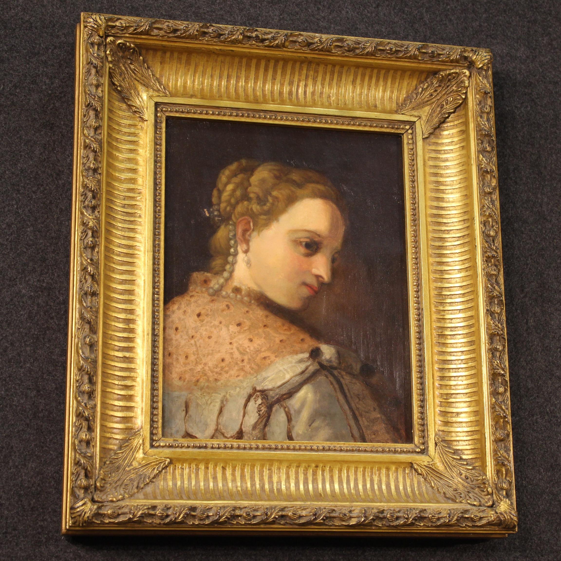 German painting from late 19th century. Framework oil on canvas depicting a copy of a famous painting by Veronese, portrait of a young noblewoman of good pictorial quality. Modern frame in wood and plaster nicely carved and gilded. Painting that has