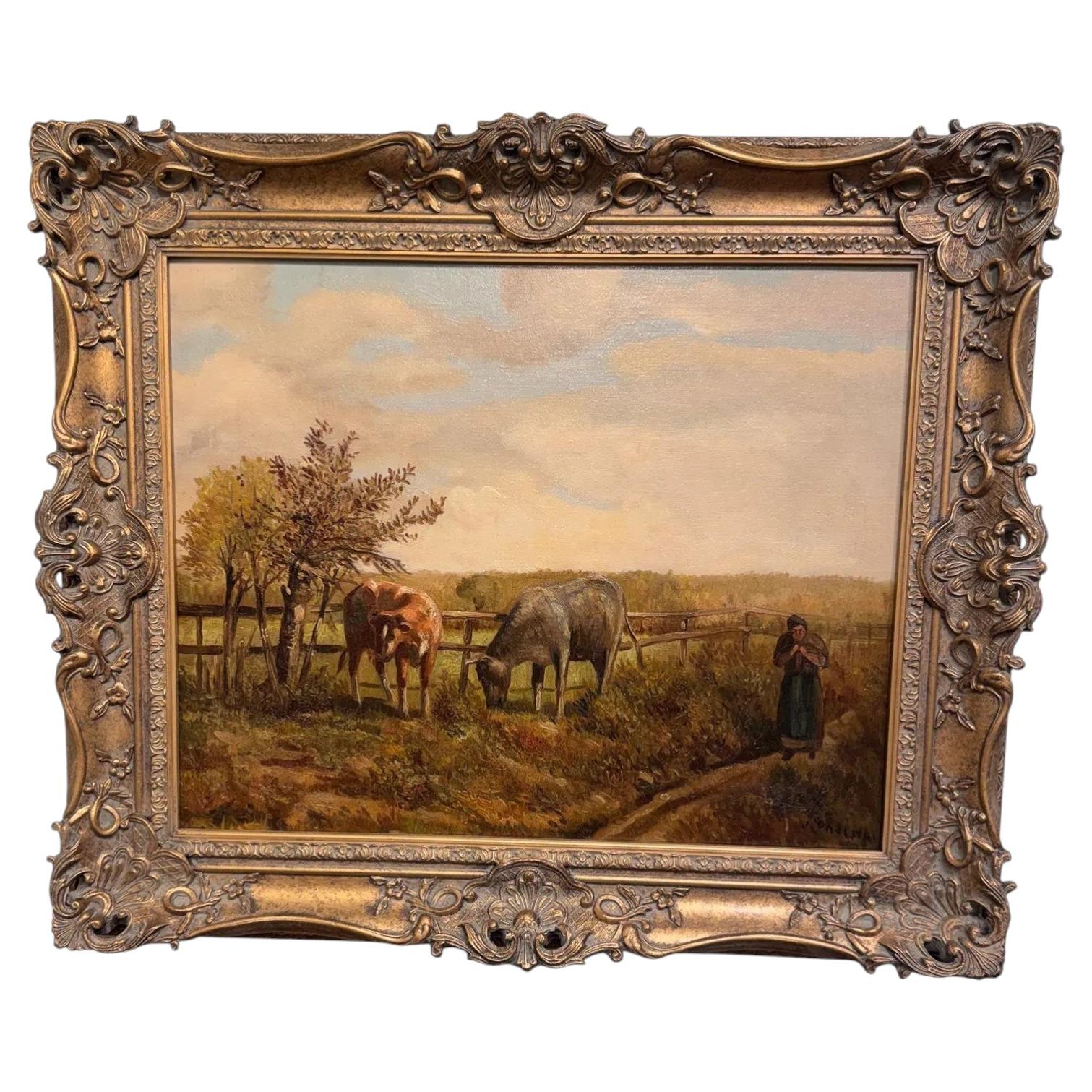 19th Century Oil on Canvas "Grazing Cattle" For Sale