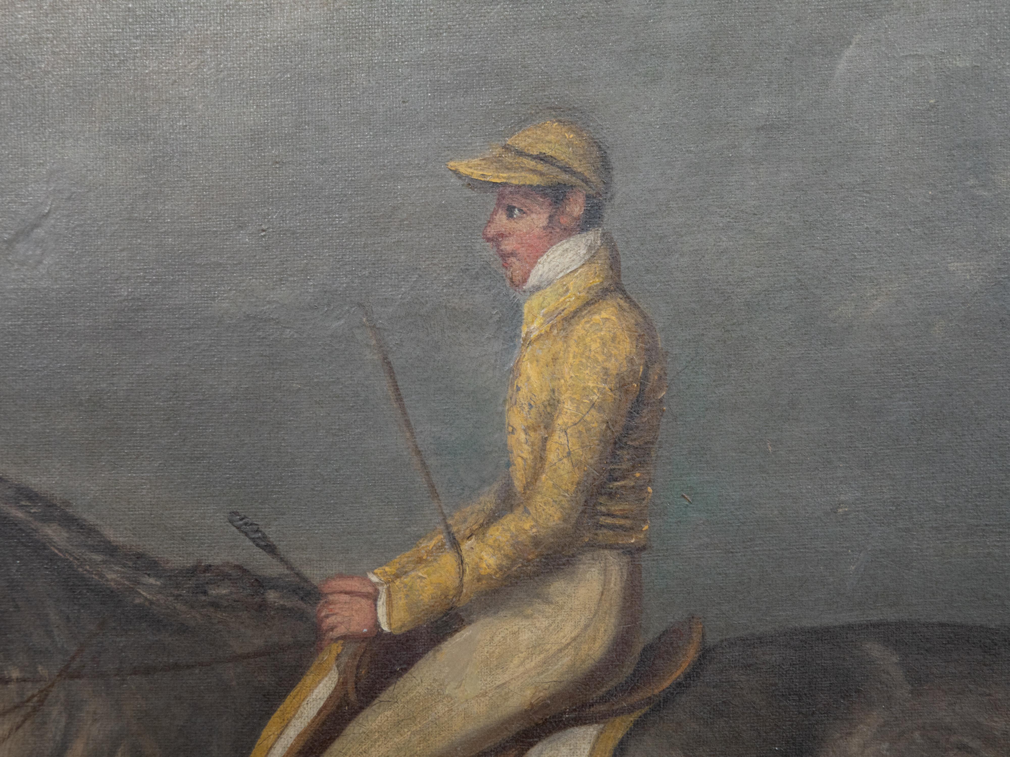 Dipinto inglese del 18° secolo a olio su tela raffigurante un cavallo e un fantino in vendita 1