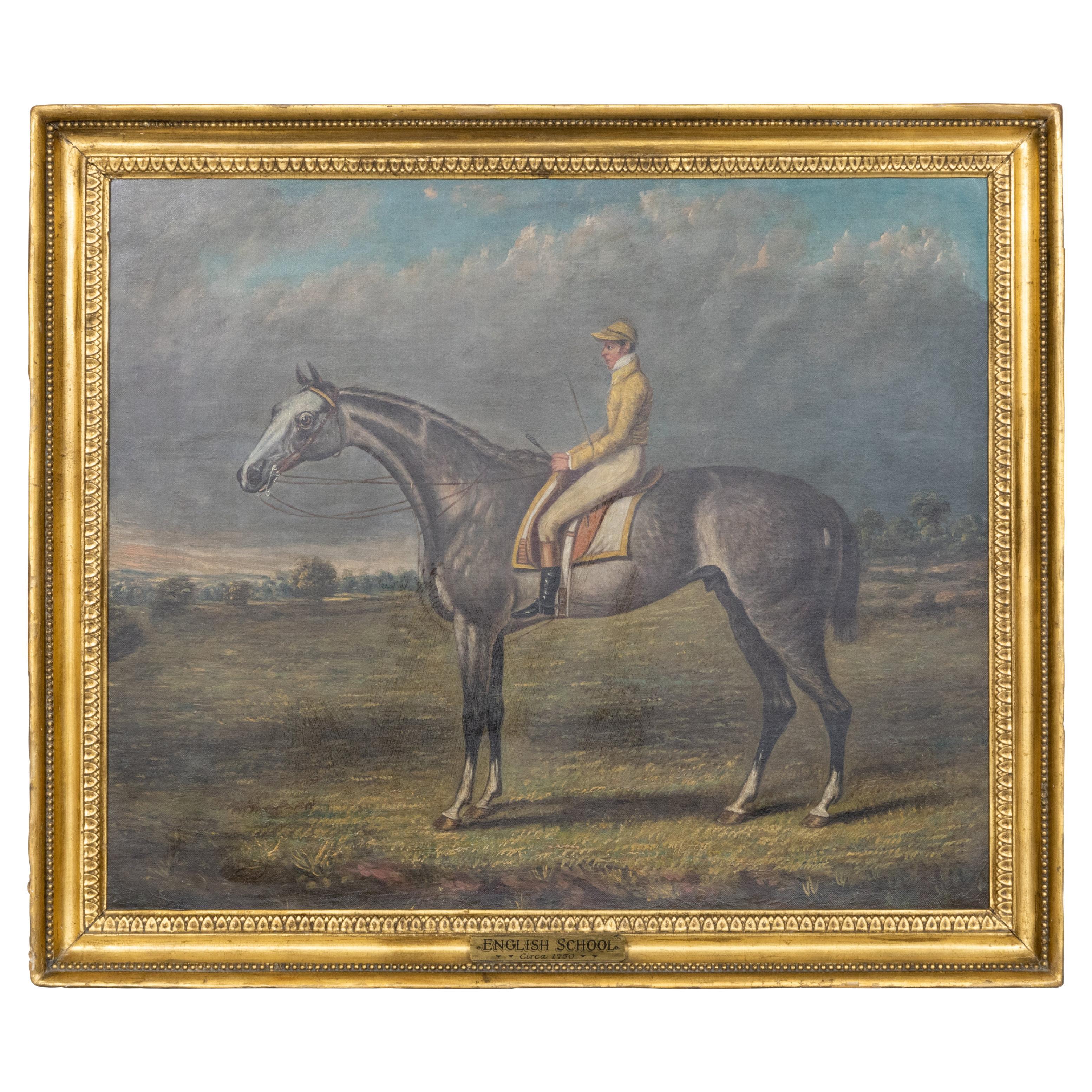 18 th C English Oil on Canvas Painting of Horse and Jockey