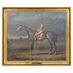 Pintura inglesa al óleo sobre lienzo del siglo XVIII de un caballo y un jinete