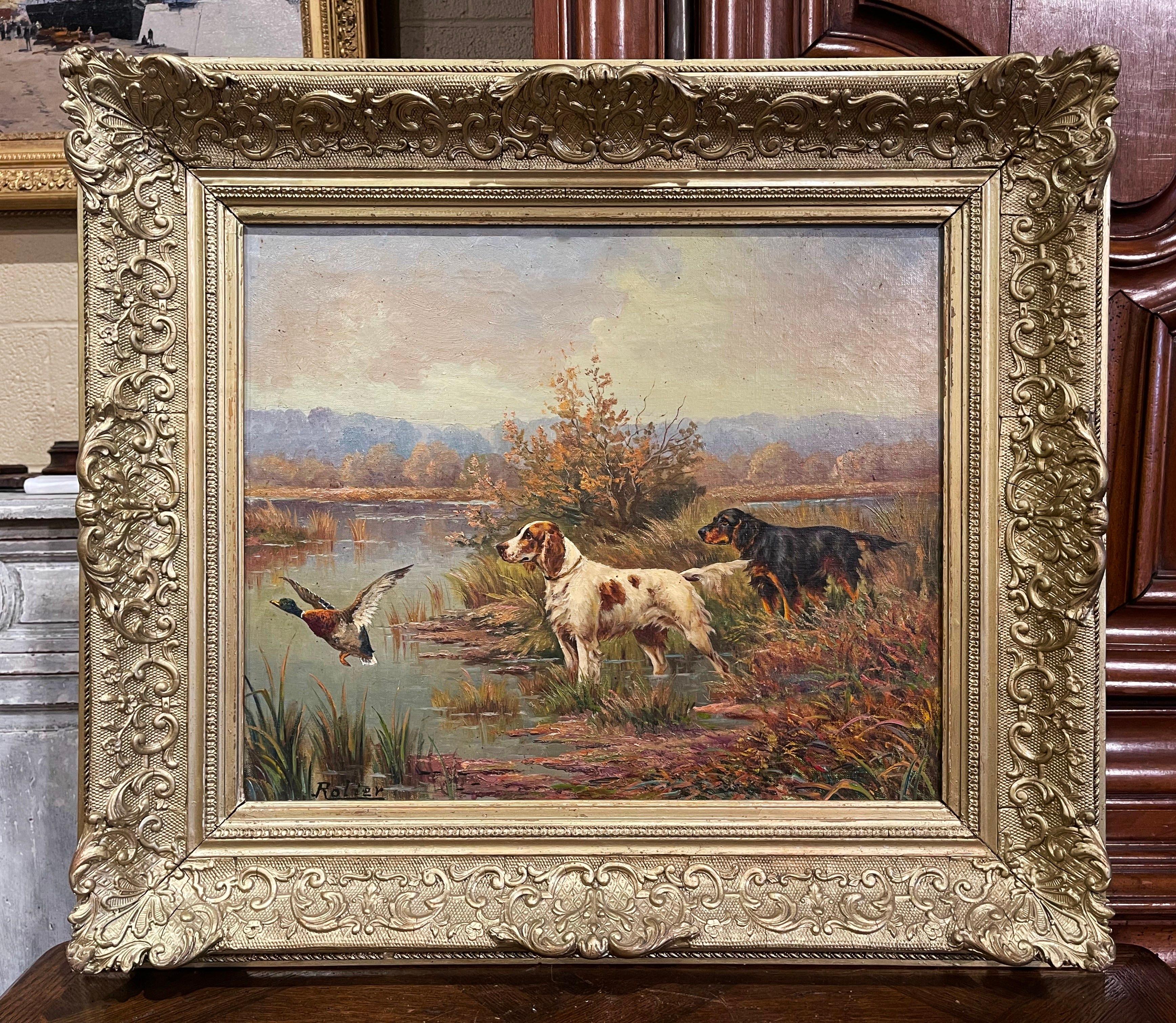 19th Century Oil on Canvas Hunt Painting in Carved Gilt Frame Signed C. Rolier In Excellent Condition In Dallas, TX