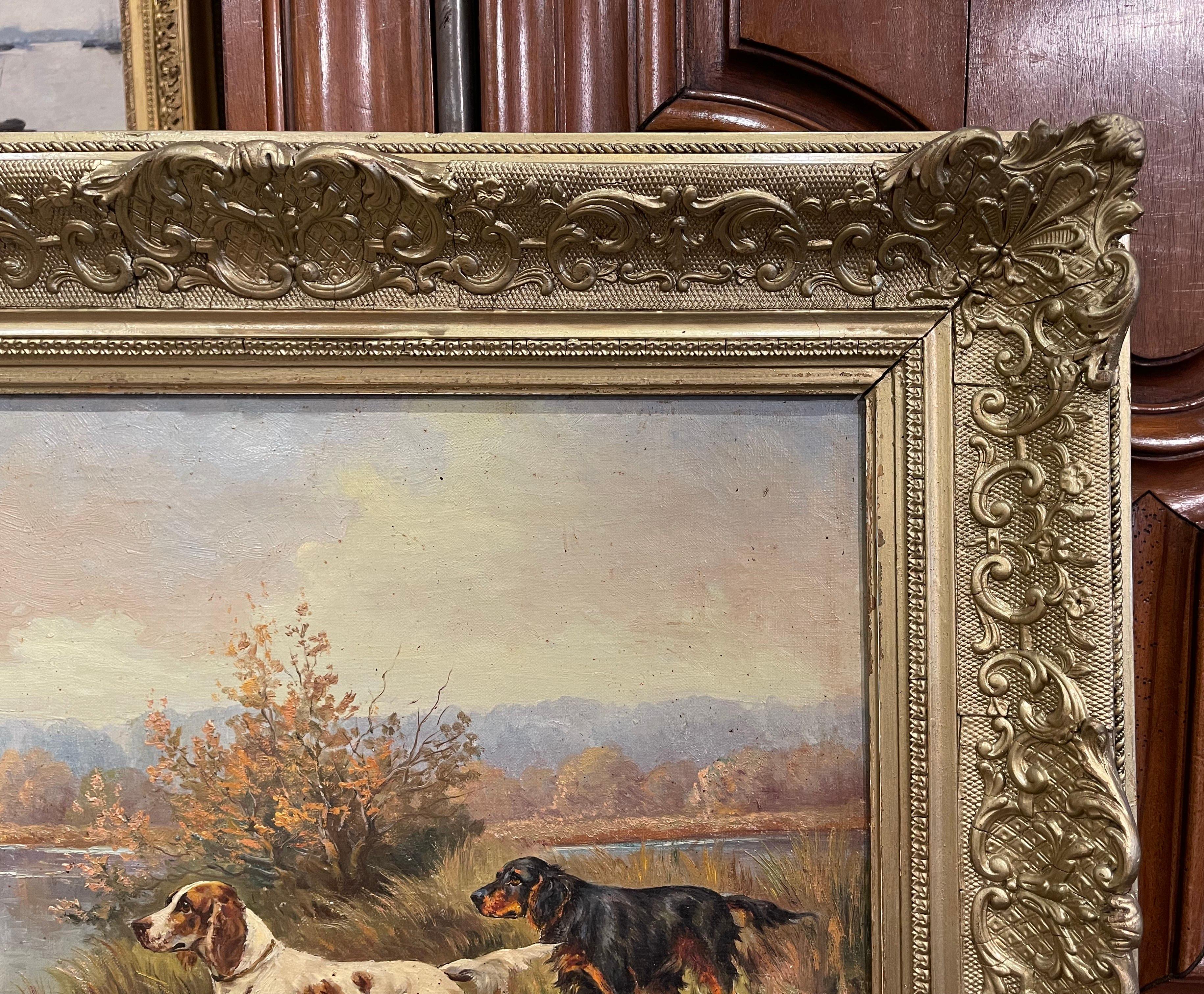 19th Century Oil on Canvas Hunt Painting in Carved Gilt Frame Signed C. Rolier 1