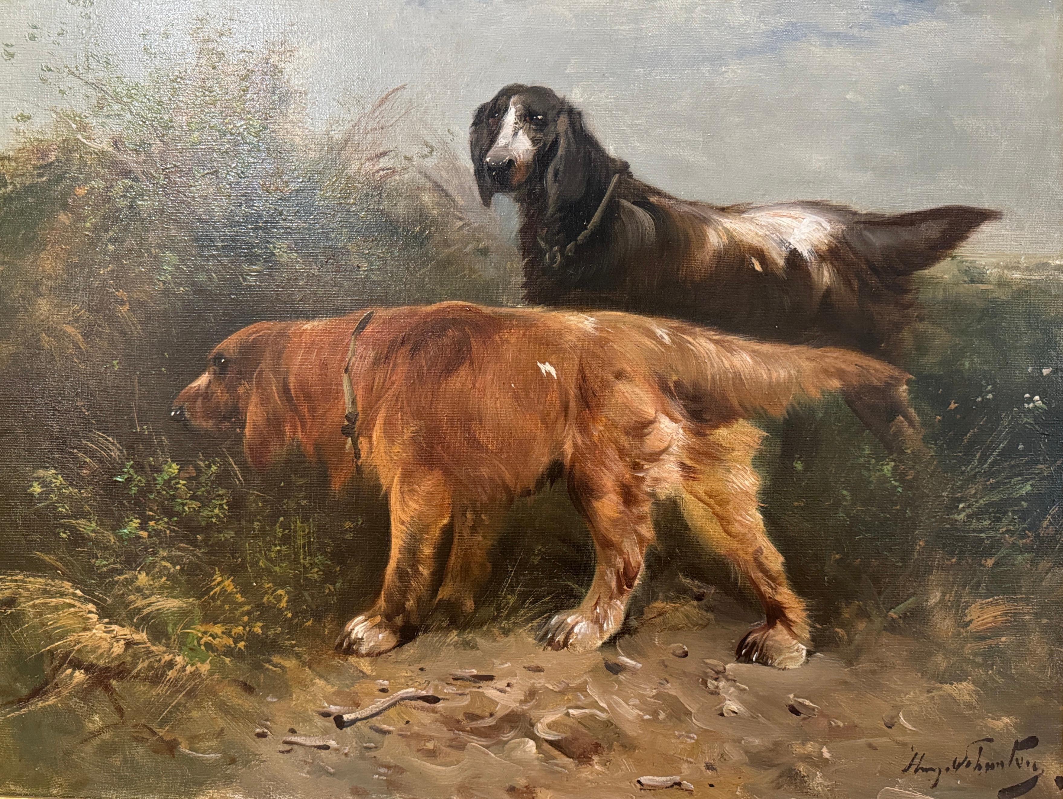 Belga Pittura del XIX secolo olio su tela con cani da caccia in cornice dorata firmata H. H. Schouten in vendita