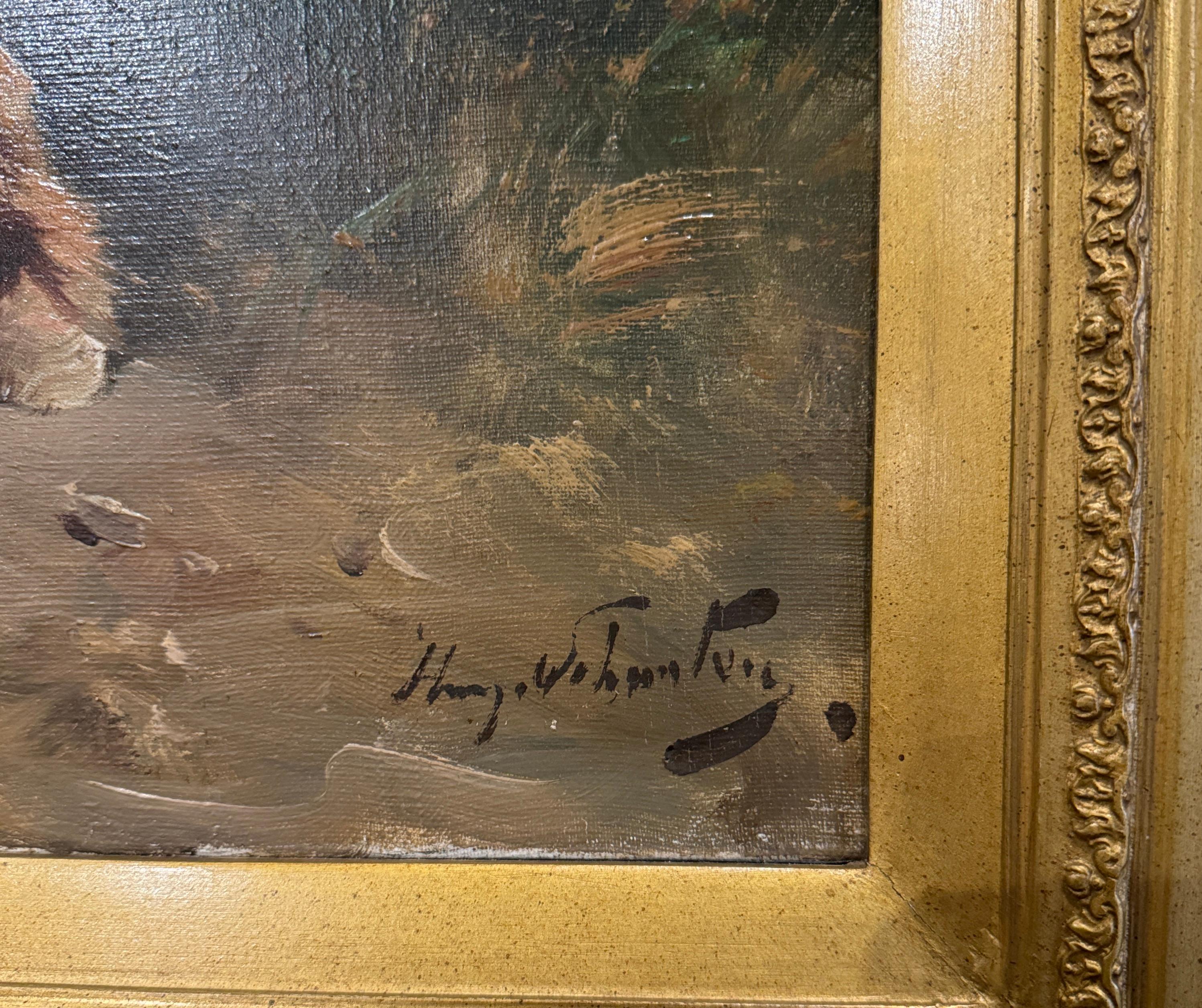 Dorato Pittura del XIX secolo olio su tela con cani da caccia in cornice dorata firmata H. H. Schouten in vendita
