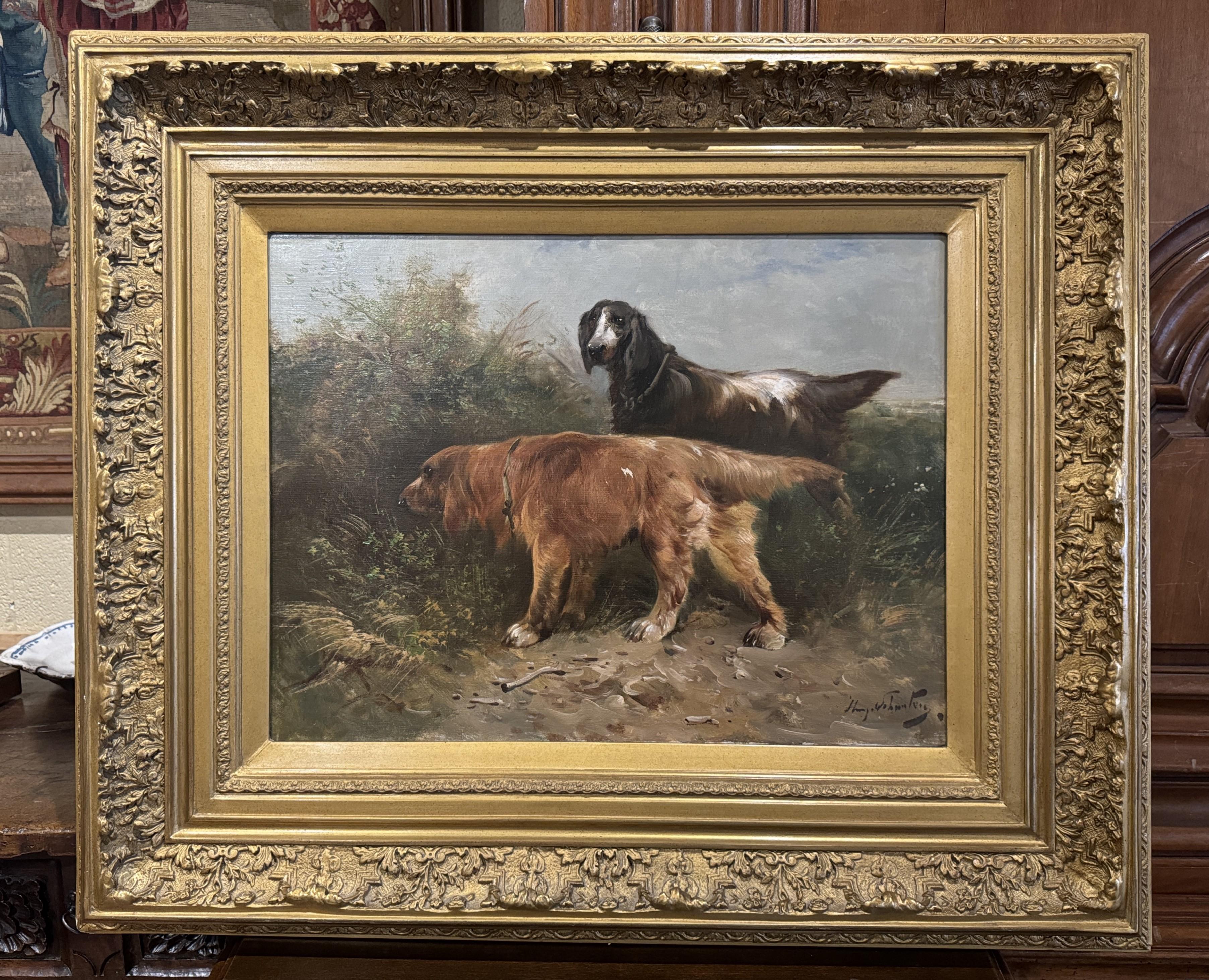 Pittura del XIX secolo olio su tela con cani da caccia in cornice dorata firmata H. H. Schouten In condizioni ottime in vendita a Dallas, TX
