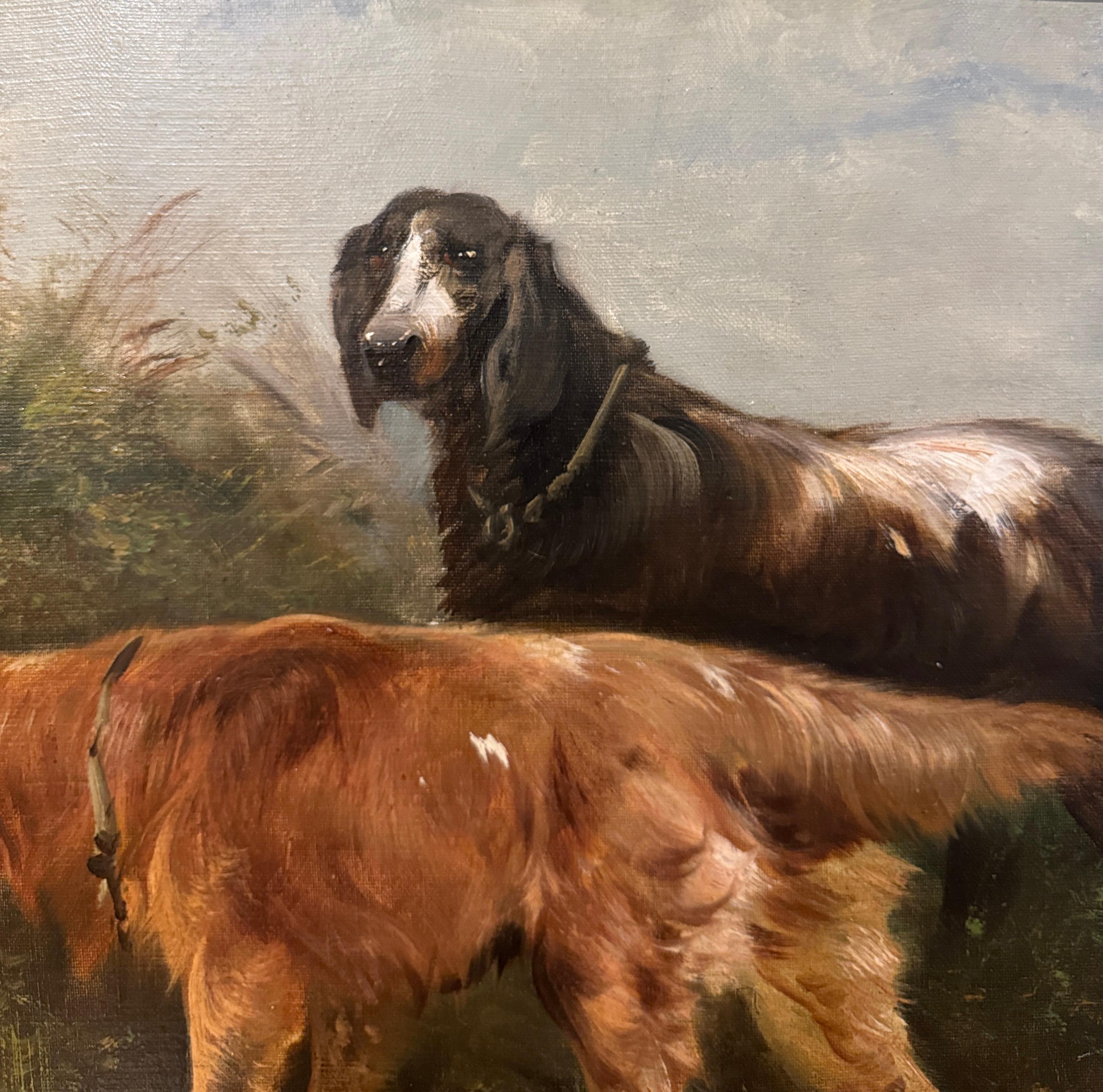 Pittura del XIX secolo olio su tela con cani da caccia in cornice dorata firmata H. H. Schouten in vendita 1