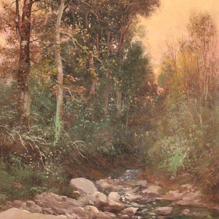 Italian painting from the late 19th century. Framework oil on canvas, on the first canvas, depicting a wooded view with river in impressionist style. Painting of pleasant decor signed lower left (see picture) H. Marko referable to the painter Henry