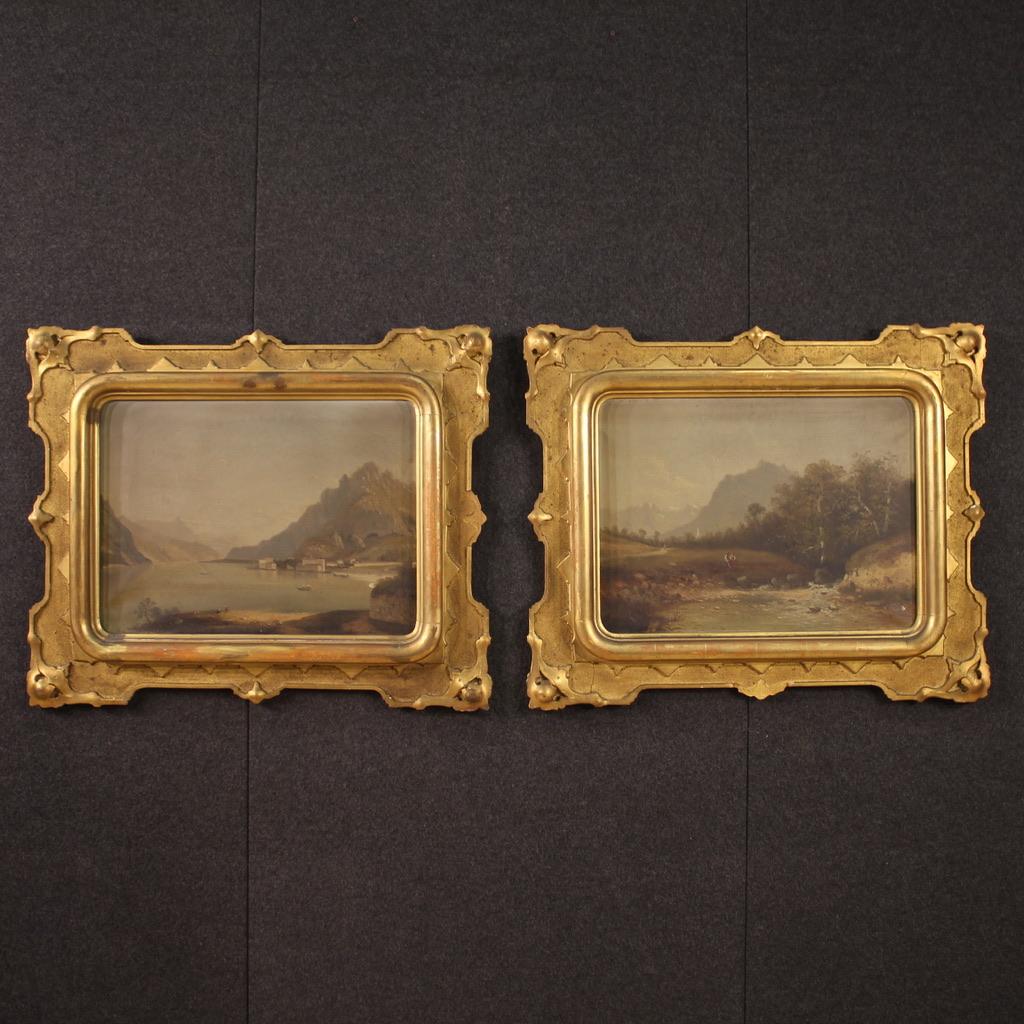 Oiled 19th Century Oil on Canvas Italian Antique Landscape Painting Gold Frame, 1860