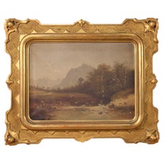 19th Century Oil on Canvas Italian Antique Landscape Painting Gold Frame, 1860