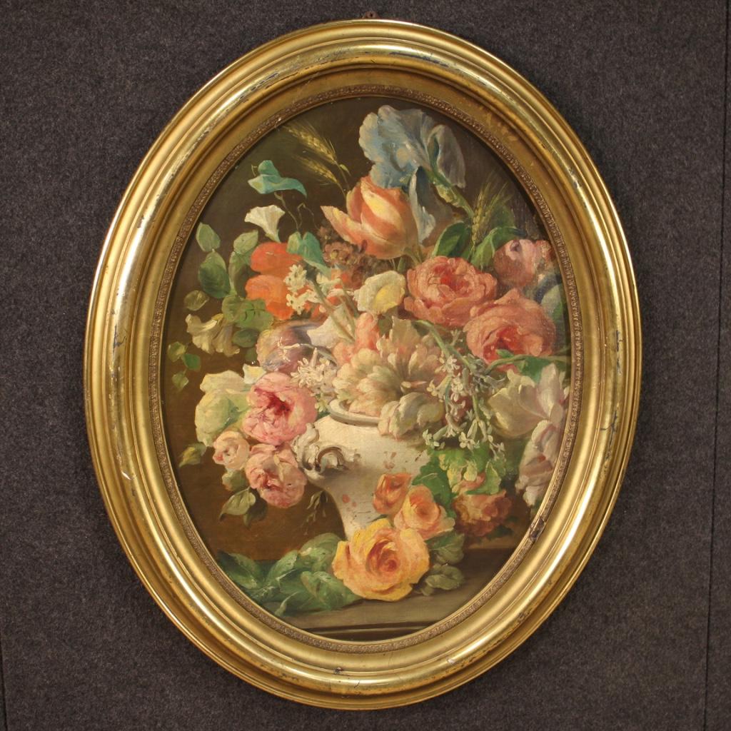 19th Century Oil on Canvas Italian Antique Oval Painting Still Life, 1870 6