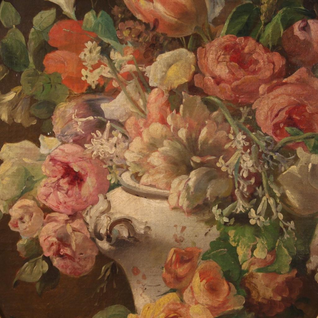 Antique Italian painting from the late 19th century. Oil on canvas framework, glued on masonite (see photo) depicting still life vase with flowers of excellent pictorial quality. Finely chiseled and gilded frame in wood and plaster from 20th century